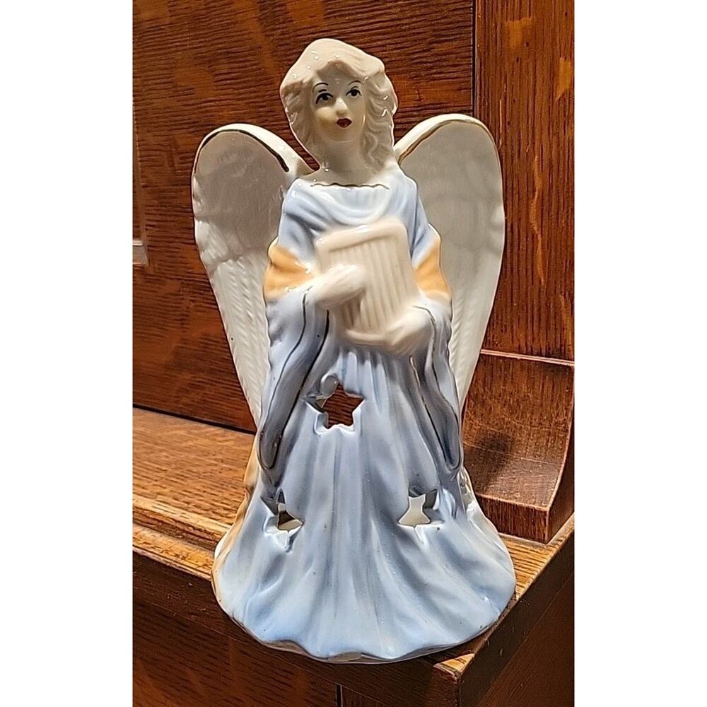 Vintage Angel Tea Light Candle Holder Harp Blue Stars Gold Trim 7" Porcelain